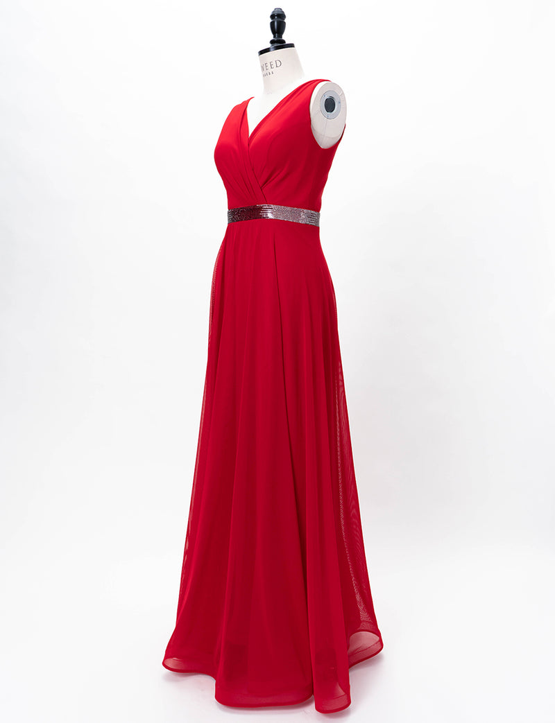 TWEED DRESS(ツイードドレス)のレッドロングドレス・チュール｜T-1614-RDのトルソー全身斜め画像です。