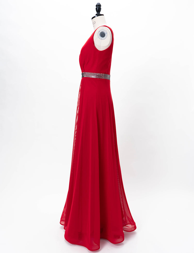 TWEED DRESS(ツイードドレス)のレッドロングドレス・チュール｜T-1614-RDのトルソー全身側面画像です。