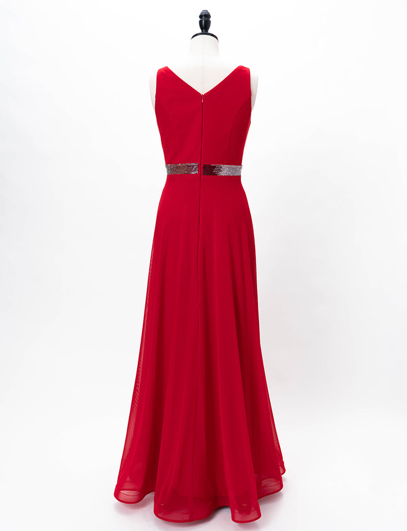 TWEED DRESS(ツイードドレス)のレッドロングドレス・チュール｜T-1614-RDのトルソー全身背面画像です。