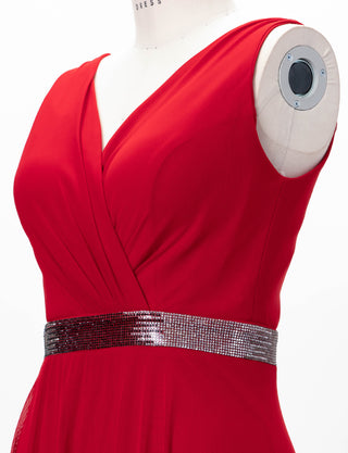 TWEED DRESS(ツイードドレス)のレッドロングドレス・チュール｜T-1614-RDのトルソー上半身斜め画像です。