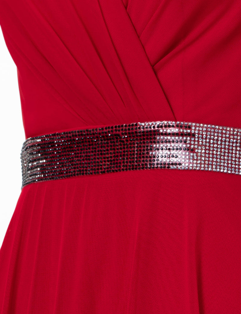 TWEED DRESS(ツイードドレス)のレッドロングドレス・チュール｜T-1614-RDの上半身ウエストビジュ装飾拡大画像です。