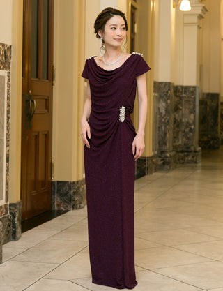 TWEED DRESS(ツイードドレス)のバーガンディーロングドレス・ラメ/ポリウレタン｜T-1284-BGDの全身正面画像です。