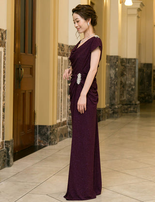 TWEED DRESS(ツイードドレス)のバーガンディーロングドレス・ラメ/ポリウレタン｜T-1284-BGDの全身側面画像です。