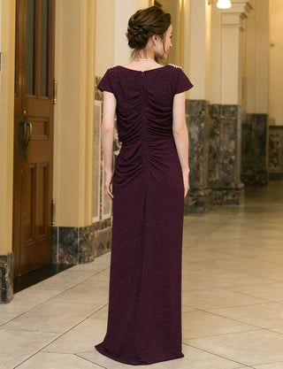 TWEED DRESS(ツイードドレス)のバーガンディーロングドレス・ラメ/ポリウレタン｜T-1284-BGDの全身背面画像です。