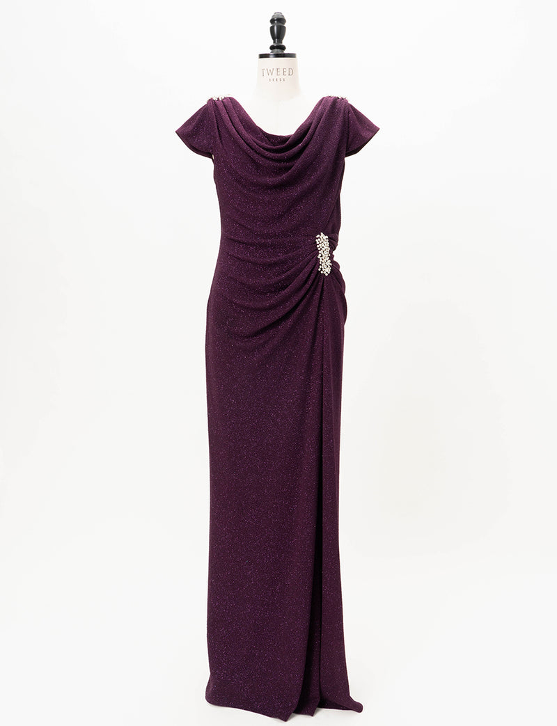 TWEED DRESS(ツイードドレス)のバーガンディーロングドレス・ラメ/ポリウレタン｜T-1284-BGDのトルソー全身正面画像です。