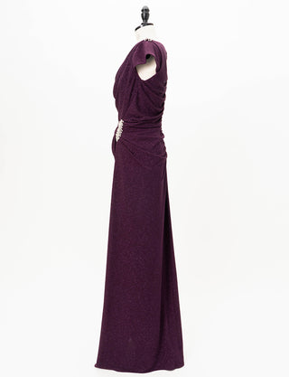 TWEED DRESS(ツイードドレス)のバーガンディーロングドレス・ラメ/ポリウレタン｜T-1284-BGDのトルソー全身側面画像です。
