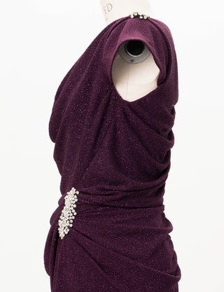 TWEED DRESS(ツイードドレス)のバーガンディーロングドレス・ラメ/ポリウレタン｜T-1284-BGDのトルソー上半身側面画像です。