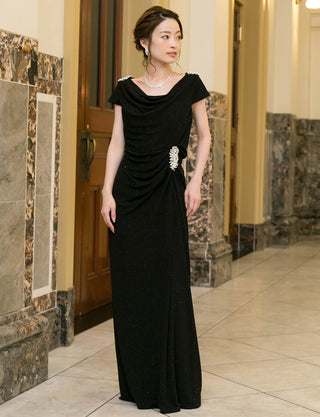 TWEED DRESS(ツイードドレス)のブラックロングドレス・ラメ/ポリウレタン｜T-1284-BKの全身正面画像です。