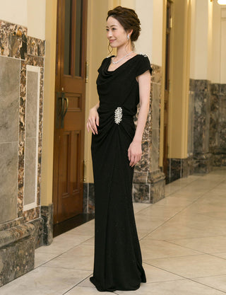 TWEED DRESS(ツイードドレス)のブラックロングドレス・ラメ/ポリウレタン｜T-1284-BKの全身斜め画像です。