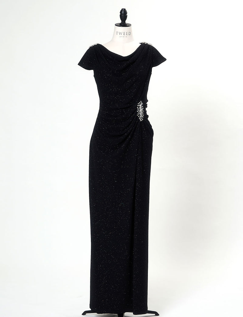 TWEED DRESS(ツイードドレス)のブラックロングドレス・ラメ/ポリウレタン｜T-1284-BKのトルソー全身正面画像です。