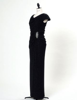 TWEED DRESS(ツイードドレス)のブラックロングドレス・ラメ/ポリウレタン｜T-1284-BKのトルソー全身斜め画像です。