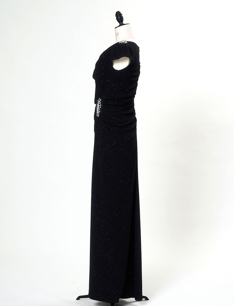 TWEED DRESS(ツイードドレス)のブラックロングドレス・ラメ/ポリウレタン｜T-1284-BKのトルソー全身側面画像です。