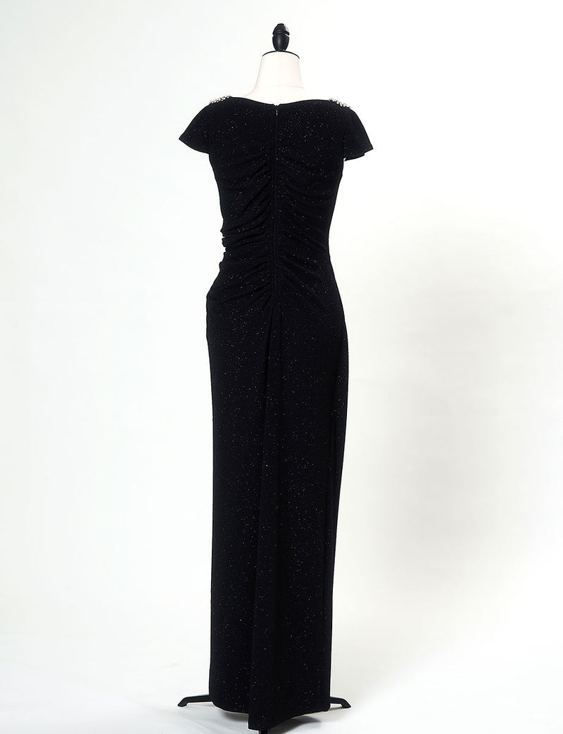 TWEED DRESS(ツイードドレス)のブラックロングドレス・ラメ/ポリウレタン｜T-1284-BKのトルソー全身背面画像です。