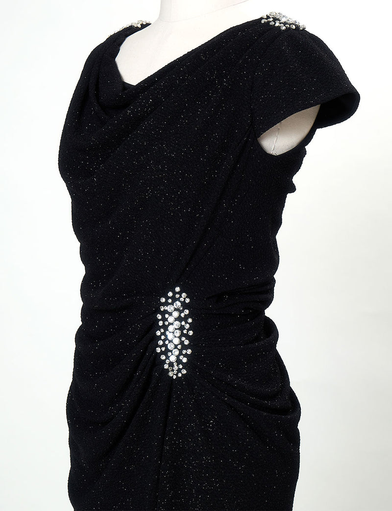 TWEED DRESS(ツイードドレス)のブラックロングドレス・ラメ/ポリウレタン｜T-1284-BKのトルソー上半身斜め画像です。