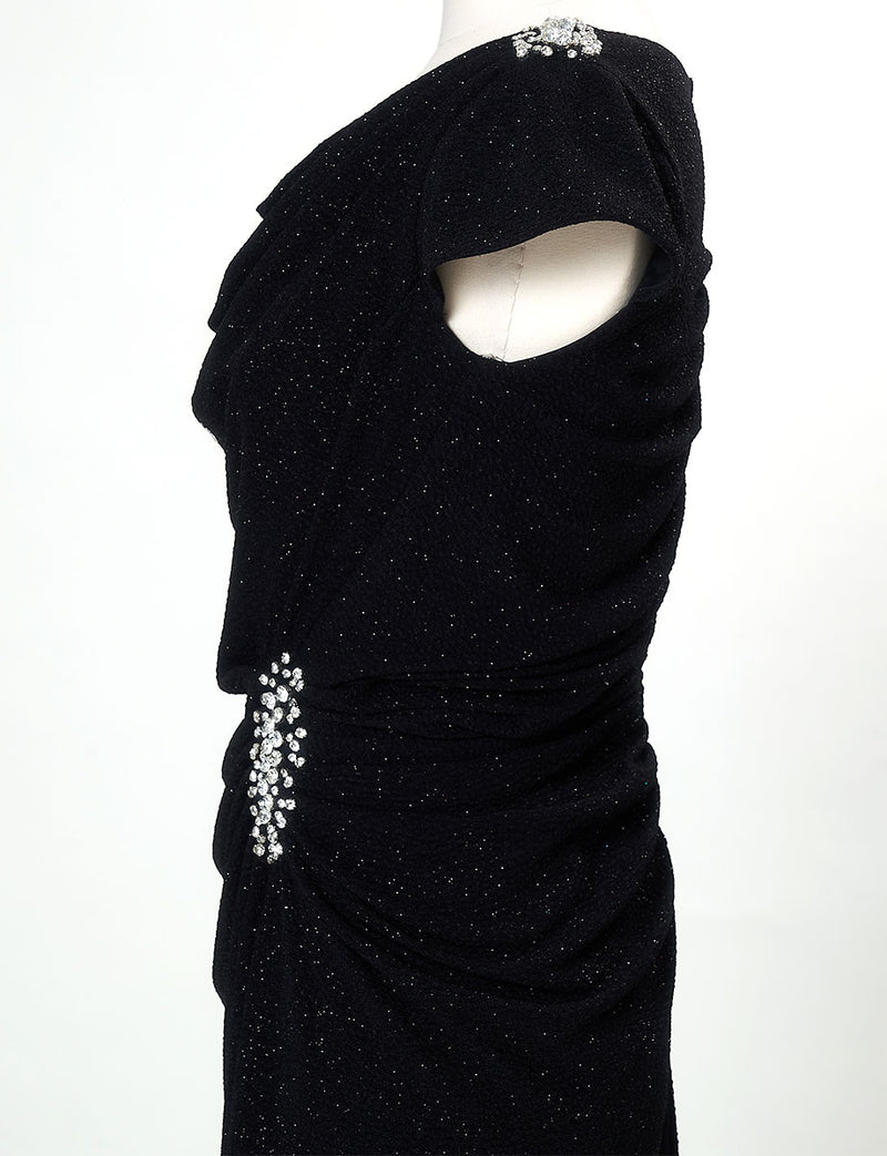 TWEED DRESS(ツイードドレス)のブラックロングドレス・ラメ/ポリウレタン｜T-1284-BKのトルソー上半身側面画像です。
