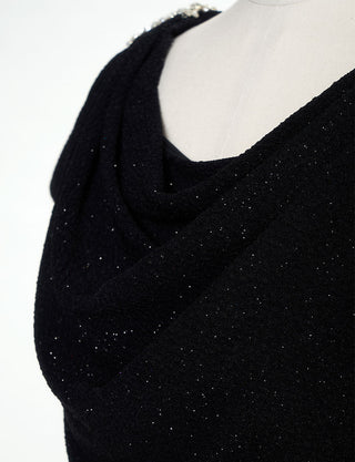 TWEED DRESS(ツイードドレス)のブラックロングドレス・ラメ/ポリウレタン｜T-1284-BKの上半身胸元拡大画像です。