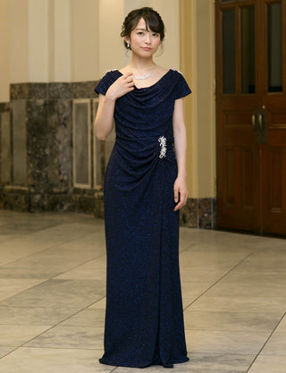 TWEED DRESS(ツイードドレス)のダークネイビーロングドレス・ラメ/ポリウレタン｜T-1284-DNYの全身正面画像です。