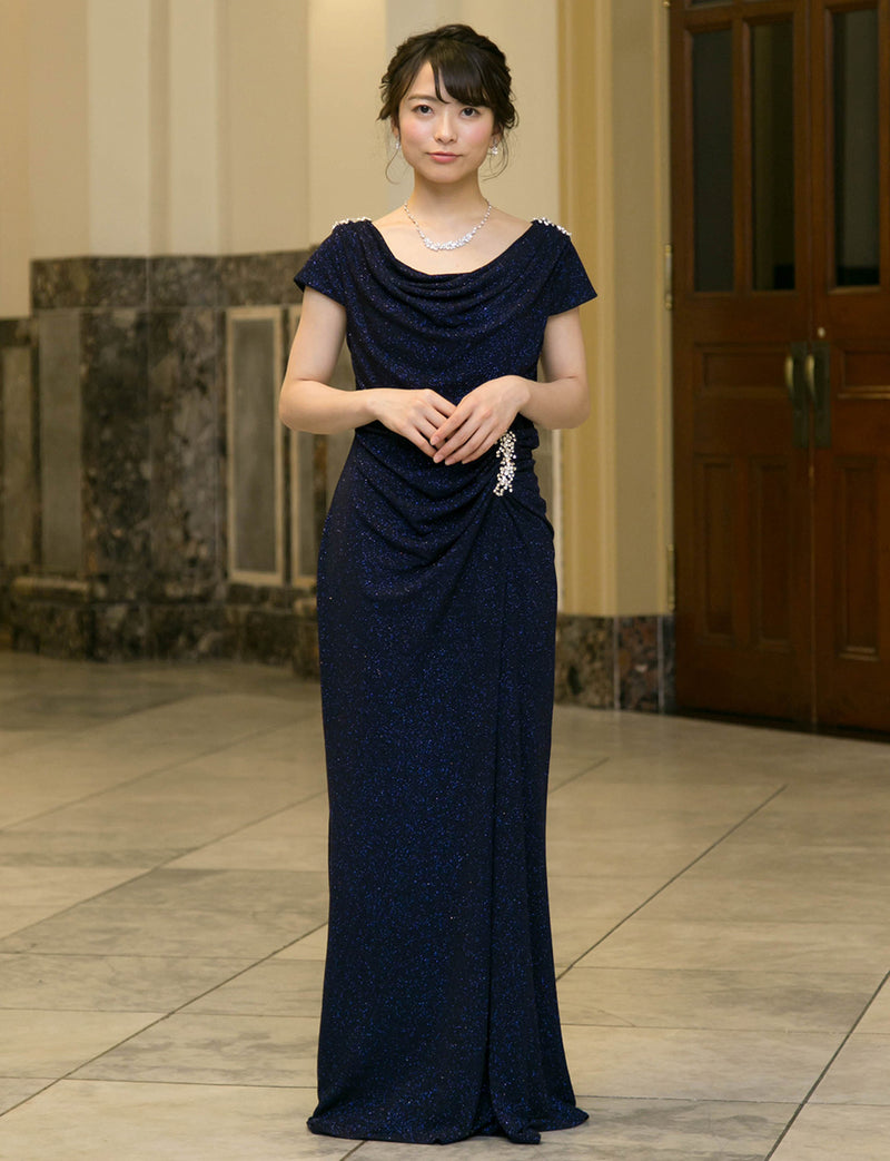 TWEED DRESS(ツイードドレス)のダークネイビーロングドレス・ラメ/ポリウレタン｜T-1284-DNYの全身正面画像です。