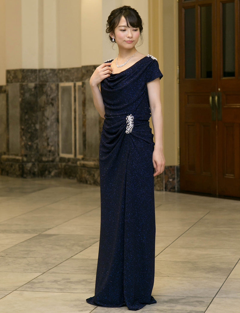 TWEED DRESS(ツイードドレス)のダークネイビーロングドレス・ラメ/ポリウレタン｜T-1284-DNYの全身斜め画像です。