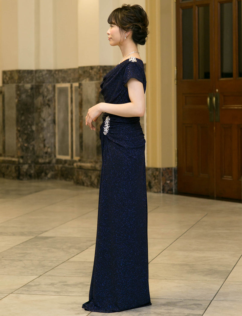 TWEED DRESS(ツイードドレス)のダークネイビーロングドレス・ラメ/ポリウレタン｜T-1284-DNYの全身側面画像です。