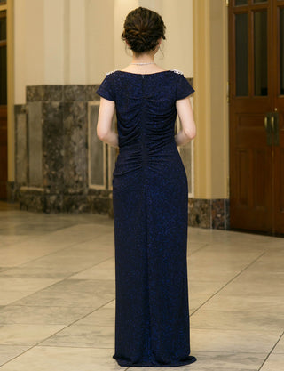 TWEED DRESS(ツイードドレス)のダークネイビーロングドレス・ラメ/ポリウレタン｜T-1284-DNYの全身背面画像です。