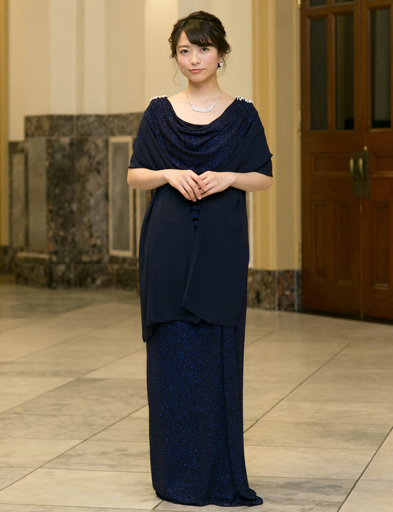TWEED DRESS(ツイードドレス)のダークネイビーロングドレス・ラメ/ポリウレタン｜T-1284-DNYの全身正面ストール着用画像です。