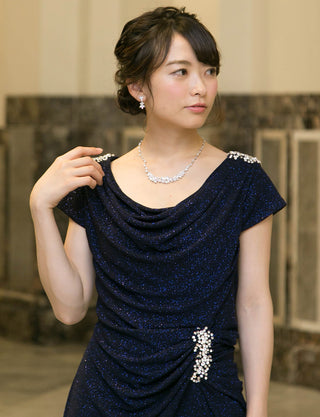 TWEED DRESS(ツイードドレス)のダークネイビーロングドレス・ラメ/ポリウレタン｜T-1284-DNYの上半身正面画像です。