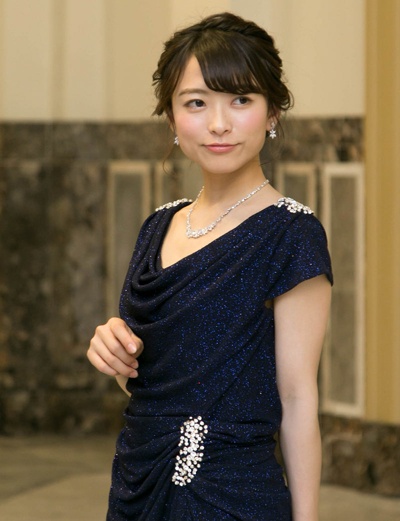 TWEED DRESS(ツイードドレス)のダークネイビーロングドレス・ラメ/ポリウレタン｜T-1284-DNYの上半身斜め画像です。