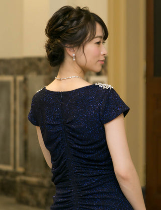 TWEED DRESS(ツイードドレス)のダークネイビーロングドレス・ラメ/ポリウレタン｜T-1284-DNYの上半身背面画像です。