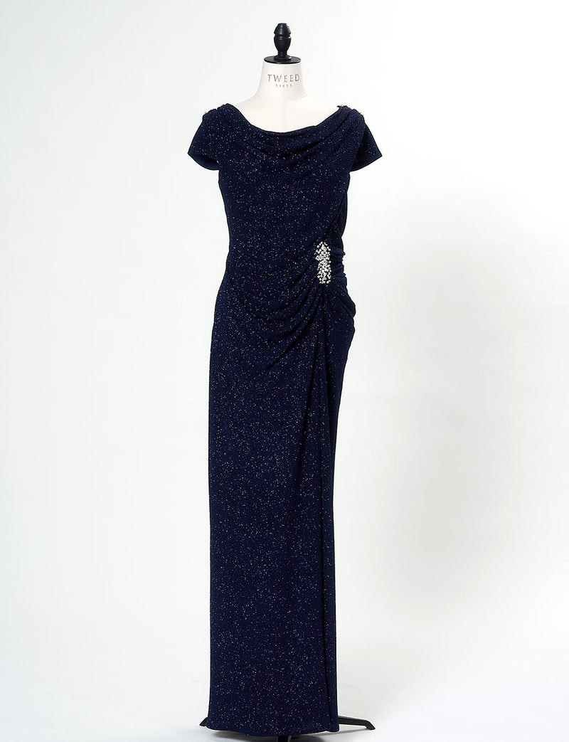 TWEED DRESS(ツイードドレス)のダークネイビーロングドレス・ラメ/ポリウレタン｜T-1284-DNYのトルソー全身正面画像です。
