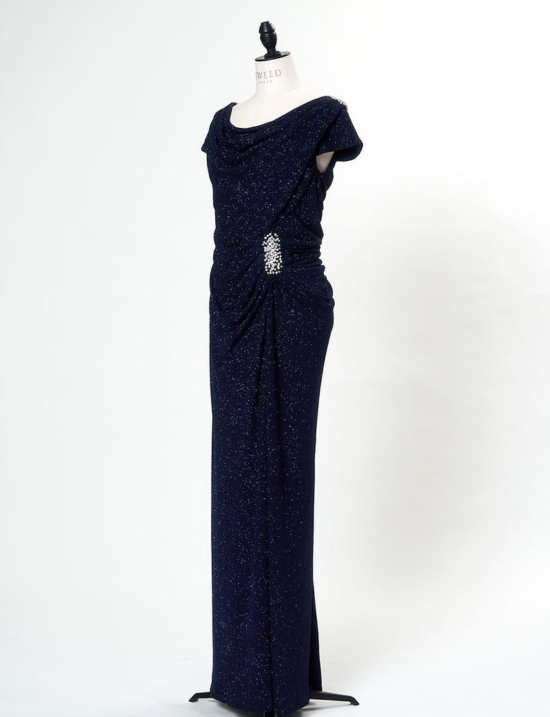 TWEED DRESS(ツイードドレス)のダークネイビーロングドレス・ラメ/ポリウレタン｜T-1284-DNYのトルソー全身斜め画像です。