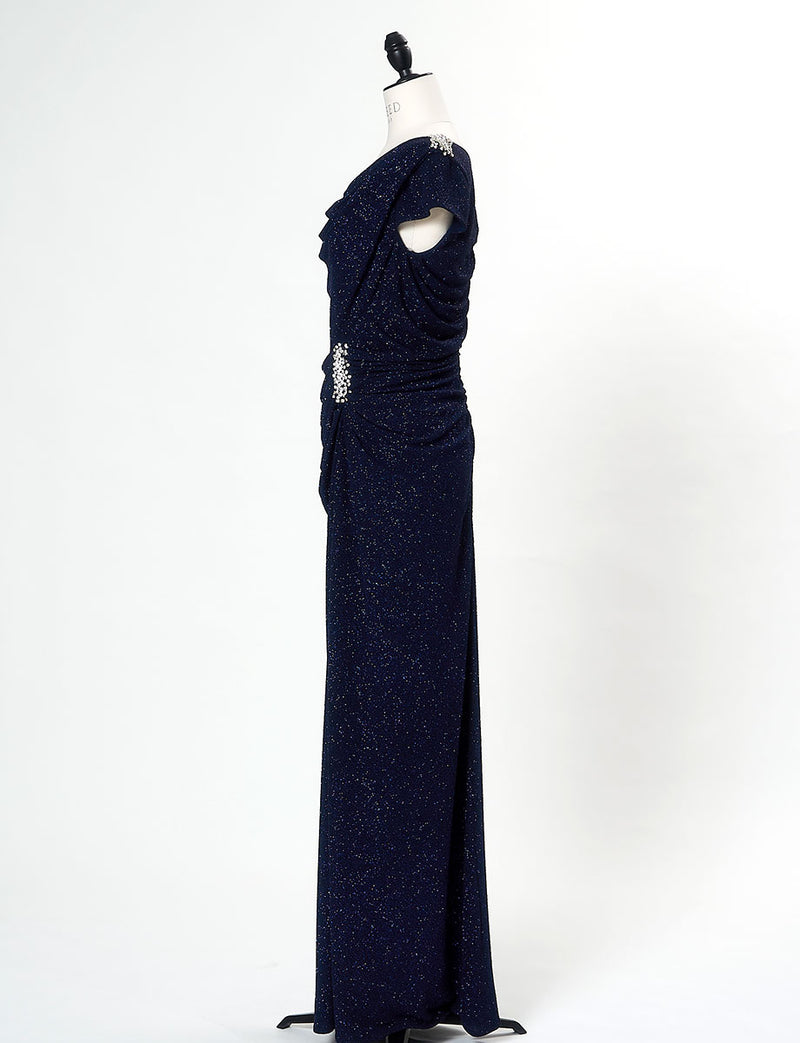 TWEED DRESS(ツイードドレス)のダークネイビーロングドレス・ラメ/ポリウレタン｜T-1284-DNYのトルソー全身側面画像です。