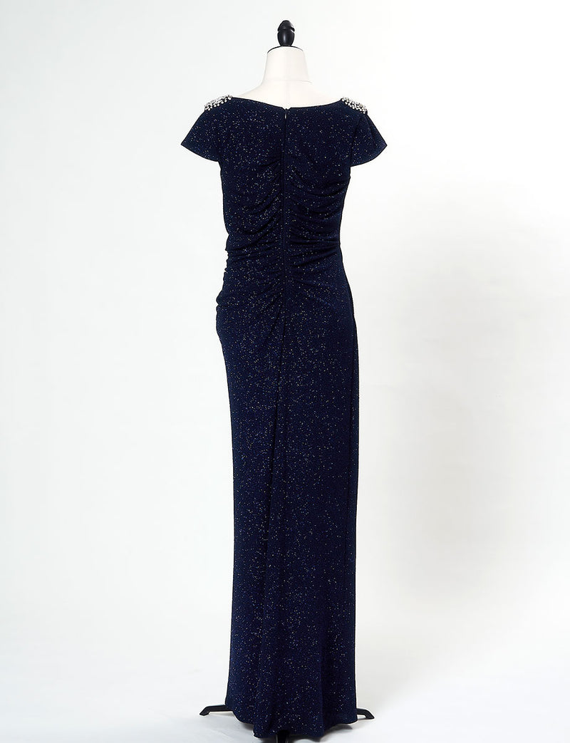 TWEED DRESS(ツイードドレス)のダークネイビーロングドレス・ラメ/ポリウレタン｜T-1284-DNYのトルソー全身背面画像です。