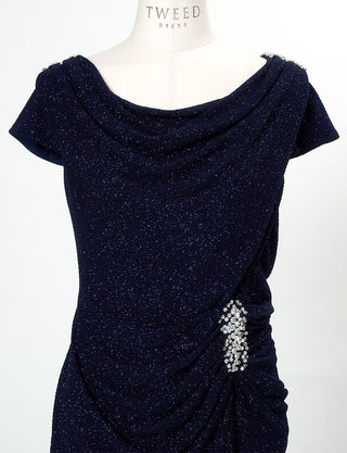 TWEED DRESS(ツイードドレス)のダークネイビーロングドレス・ラメ/ポリウレタン｜T-1284-DNYのトルソー上半身正面画像です。