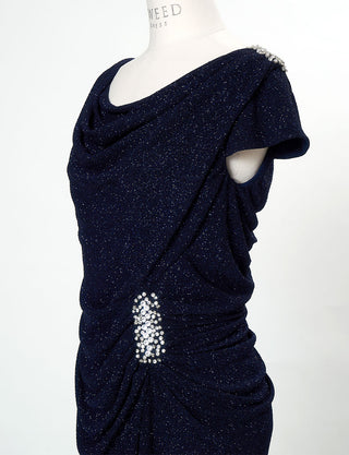TWEED DRESS(ツイードドレス)のダークネイビーロングドレス・ラメ/ポリウレタン｜T-1284-DNYのトルソー上半身斜め画像です。