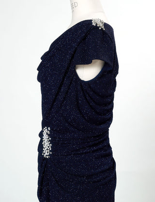 TWEED DRESS(ツイードドレス)のダークネイビーロングドレス・ラメ/ポリウレタン｜T-1284-DNYのトルソー上半身側面画像です。