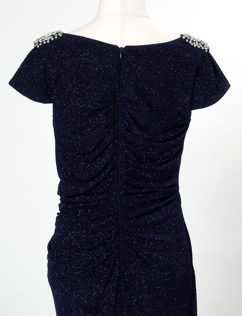 TWEED DRESS(ツイードドレス)のダークネイビーロングドレス・ラメ/ポリウレタン｜T-1284-DNYのトルソー上半身背面画像です。