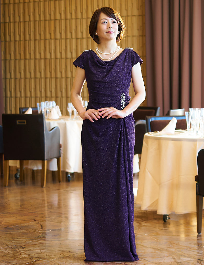 TWEED DRESS(ツイードドレス)のプラムロングドレス・ラメ/ポリウレタン｜T-1284-PMの全身正面画像です。
