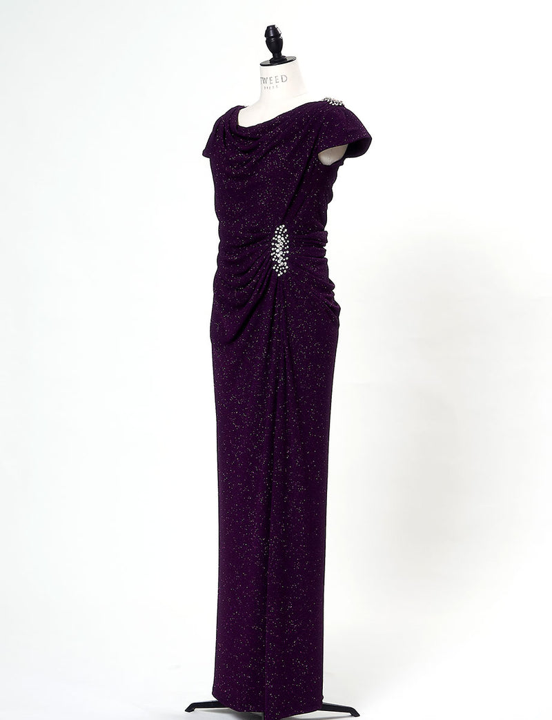 TWEED DRESS(ツイードドレス)のプラムロングドレス・ラメ/ポリウレタン｜T-1284-PMのトルソー全身斜め画像です。