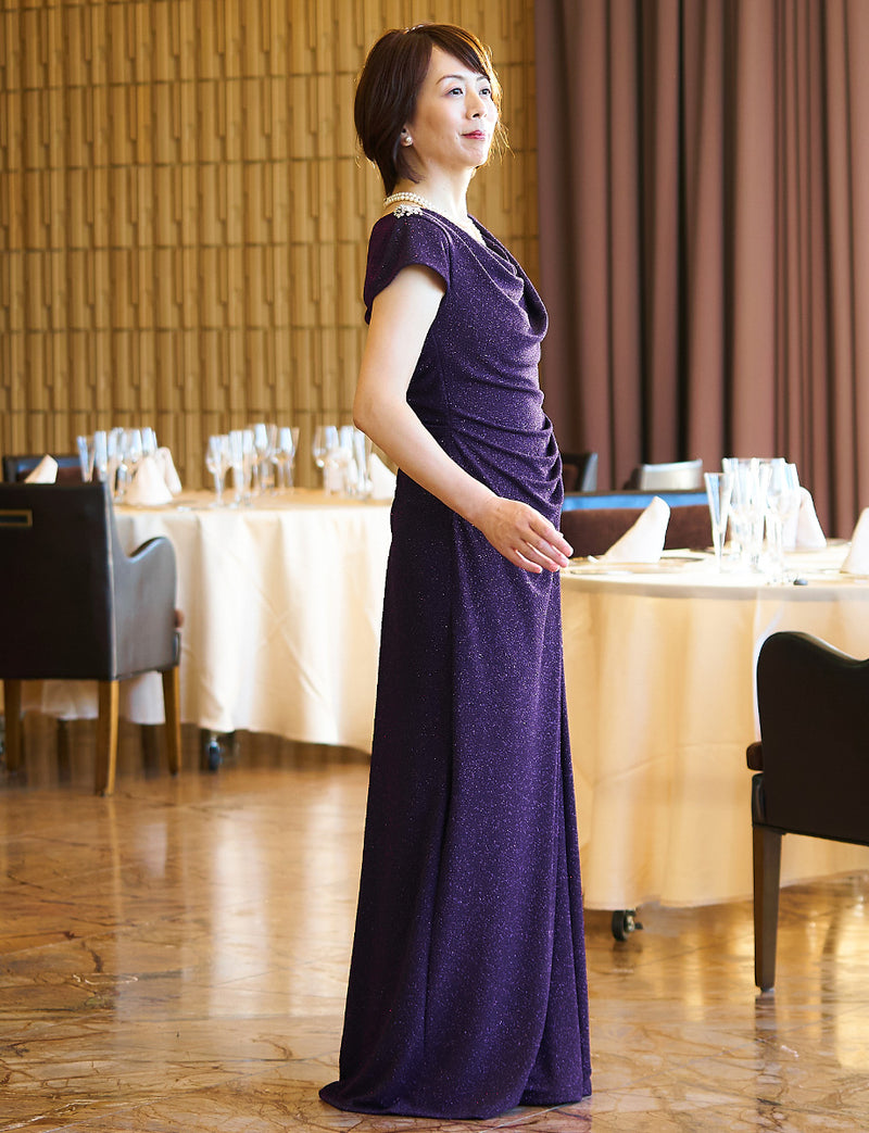 TWEED DRESS(ツイードドレス)のプラムロングドレス・ラメ/ポリウレタン｜T-1284-PMの全身斜め画像です。