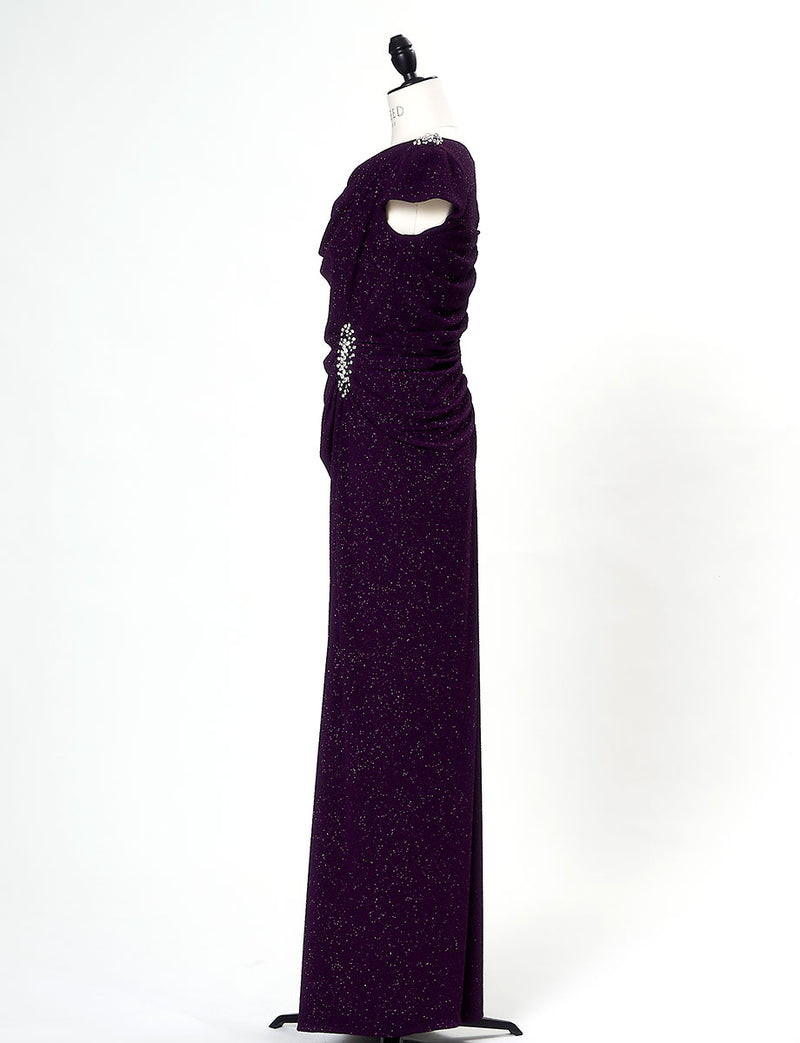 TWEED DRESS(ツイードドレス)のプラムロングドレス・ラメ/ポリウレタン｜T-1284-PMのトルソー全身側面画像です。