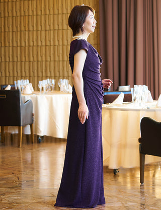 TWEED DRESS(ツイードドレス)のプラムロングドレス・ラメ/ポリウレタン｜T-1284-PMの全身側面画像です。
