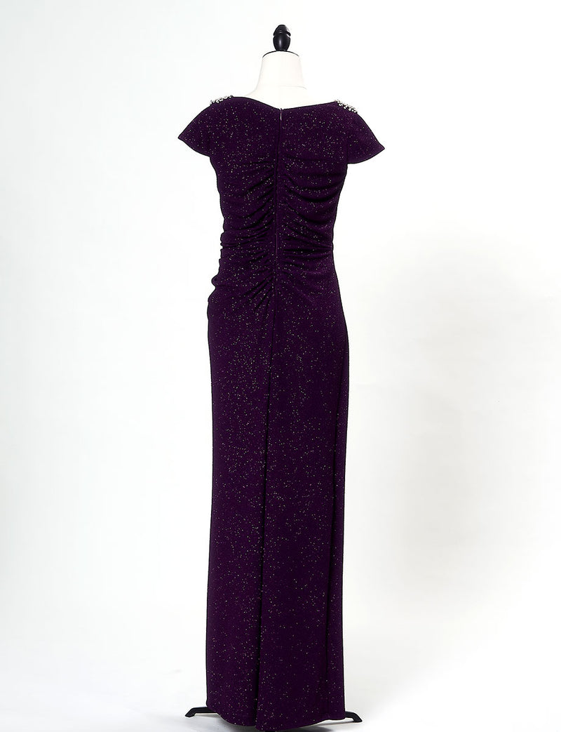TWEED DRESS(ツイードドレス)のプラムロングドレス・ラメ/ポリウレタン｜T-1284-PMのトルソー全身背面画像です。
