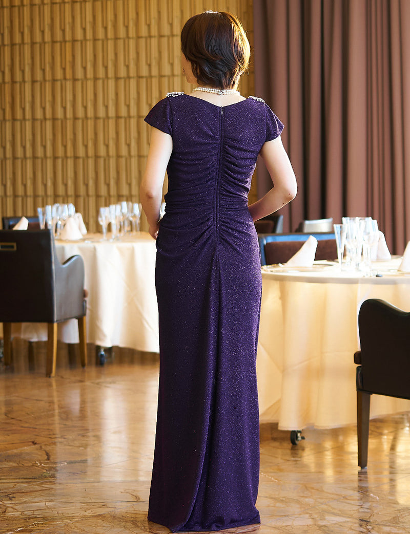 TWEED DRESS(ツイードドレス)のプラムロングドレス・ラメ/ポリウレタン｜T-1284-PMの全身背面画像です。