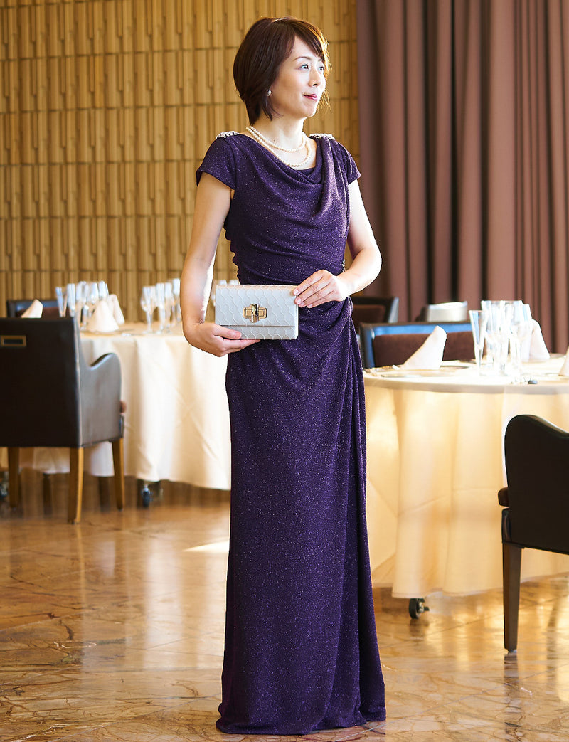TWEED DRESS(ツイードドレス)のプラムロングドレス・ラメ/ポリウレタン｜T-1284-PMの全身斜め画像です。