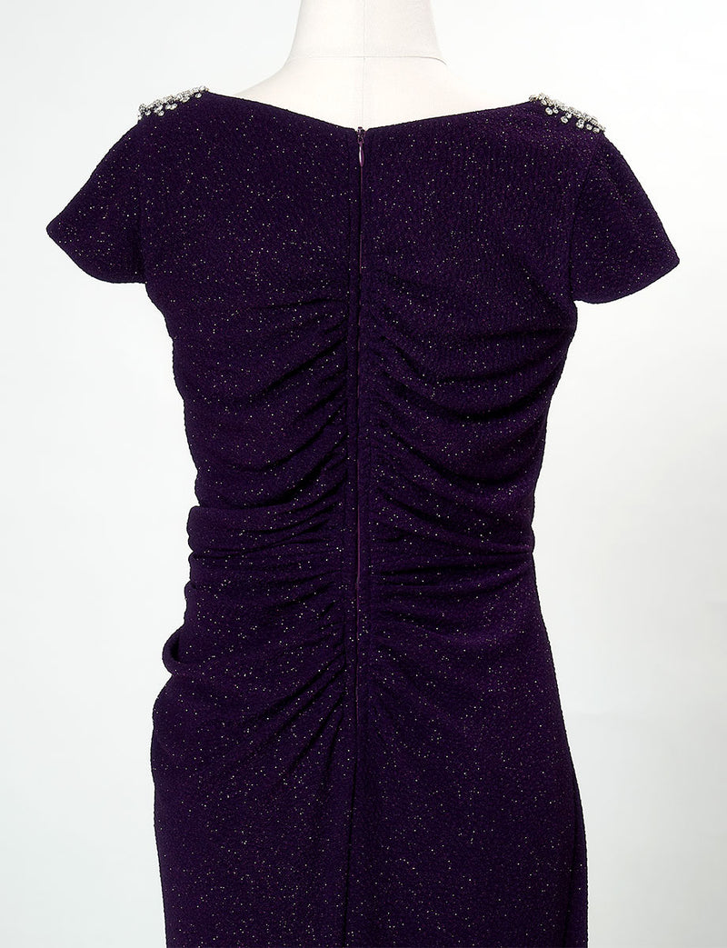 TWEED DRESS(ツイードドレス)のプラムロングドレス・ラメ/ポリウレタン｜T-1284-PMのトルソー上半身背面画像です。