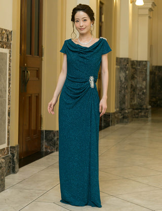 TWEED DRESS(ツイードドレス)のペトロールグリーンロングドレス・ラメ/ポリウレタン｜T-1284-PTGNの全身正面画像です。