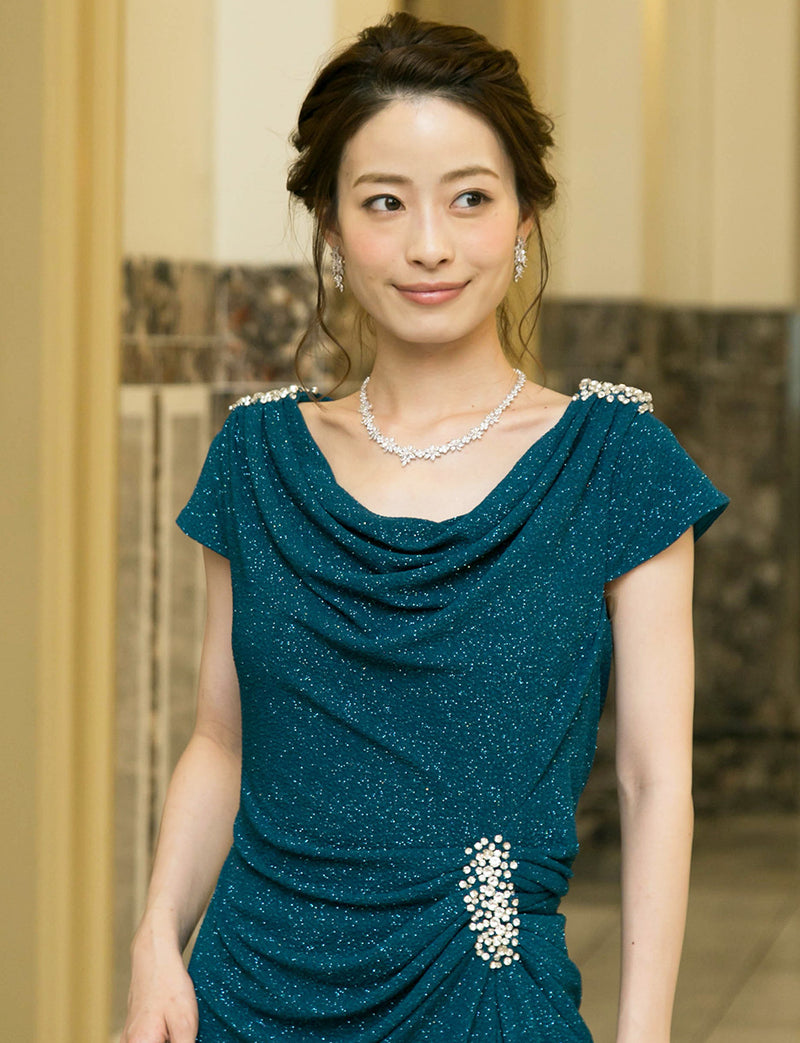 TWEED DRESS(ツイードドレス)のペトロールグリーンロングドレス・ラメ/ポリウレタン｜T-1284-PTGNの上半身正面画像です。