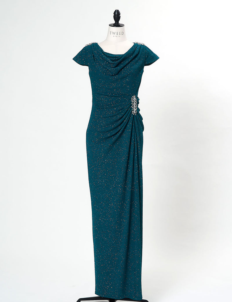 TWEED DRESS(ツイードドレス)のペトロールグリーンロングドレス・ラメ/ポリウレタン｜T-1284-PTGNのトルソー全身正面画像です。
