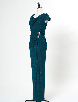 TWEED DRESS(ツイードドレス)のペトロールグリーンロングドレス・ラメ/ポリウレタン｜T-1284-PTGNのトルソー全身斜め画像です。
